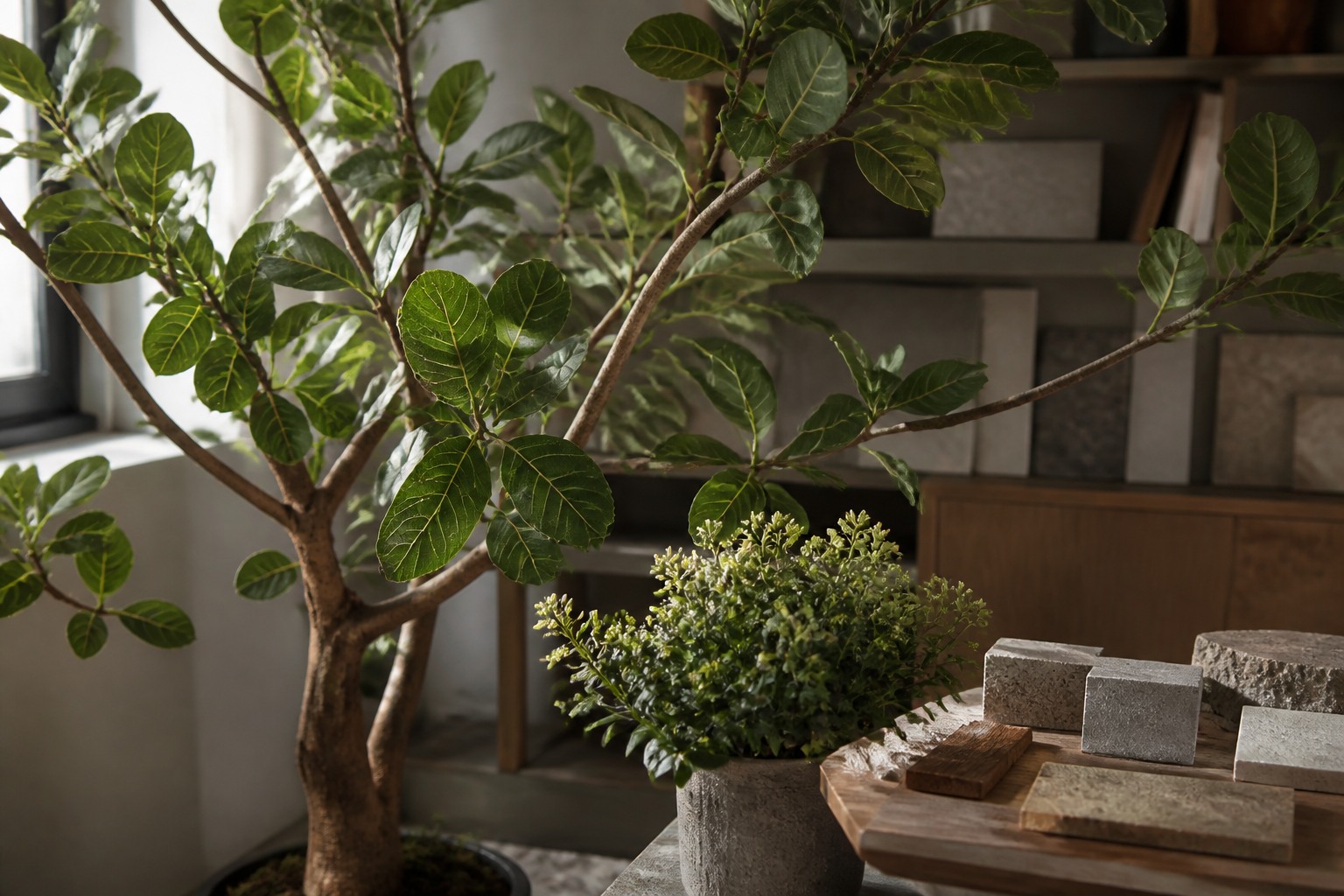Sélection de plantes artificielles réalistes observées dans un atelier de décoration intérieure