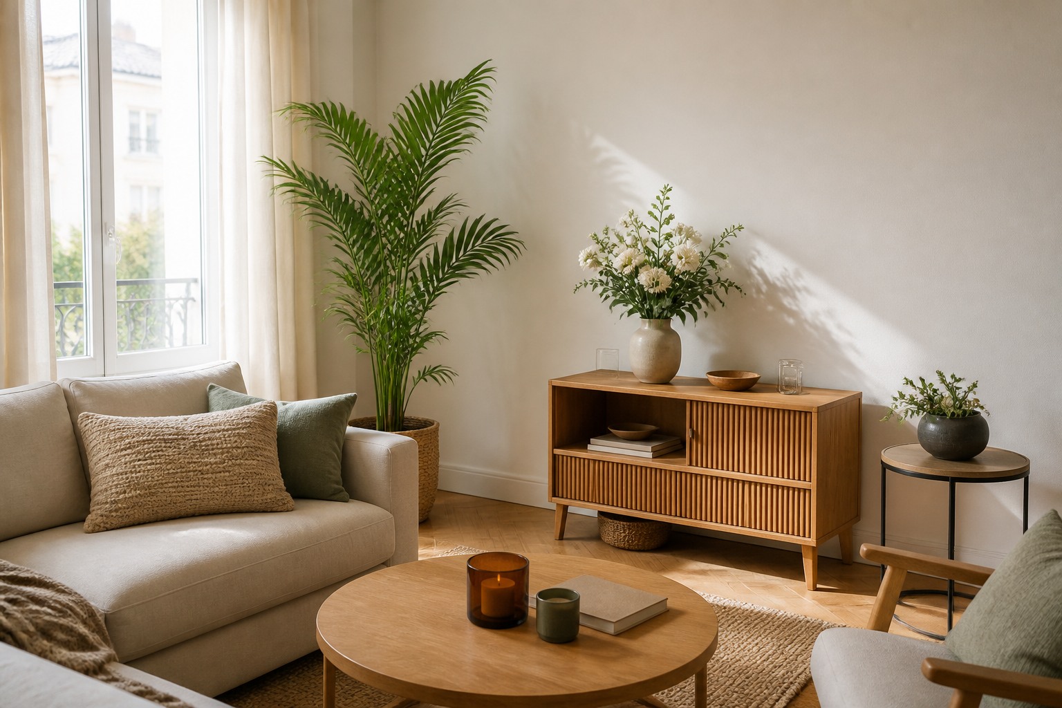 Salon lumineux décoré avec des plantes artificielles de formats adaptés à chaque emplacement