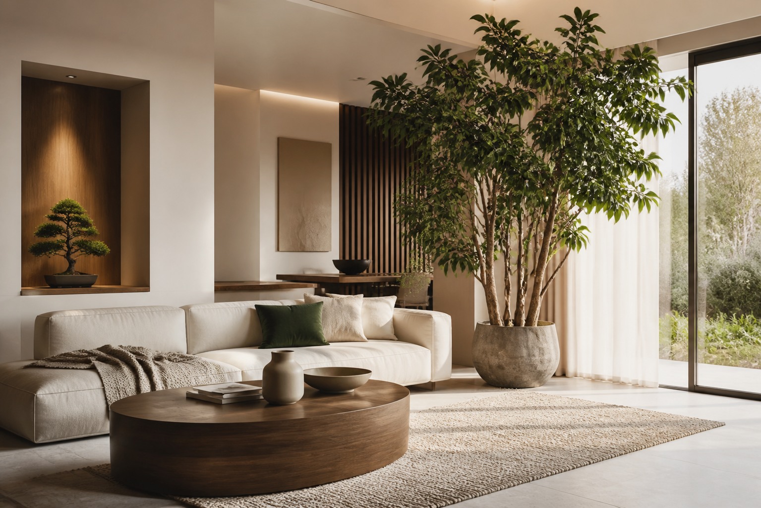 Grand ficus artificiel haut de gamme aux feuillages réalistes dans un salon contemporain
