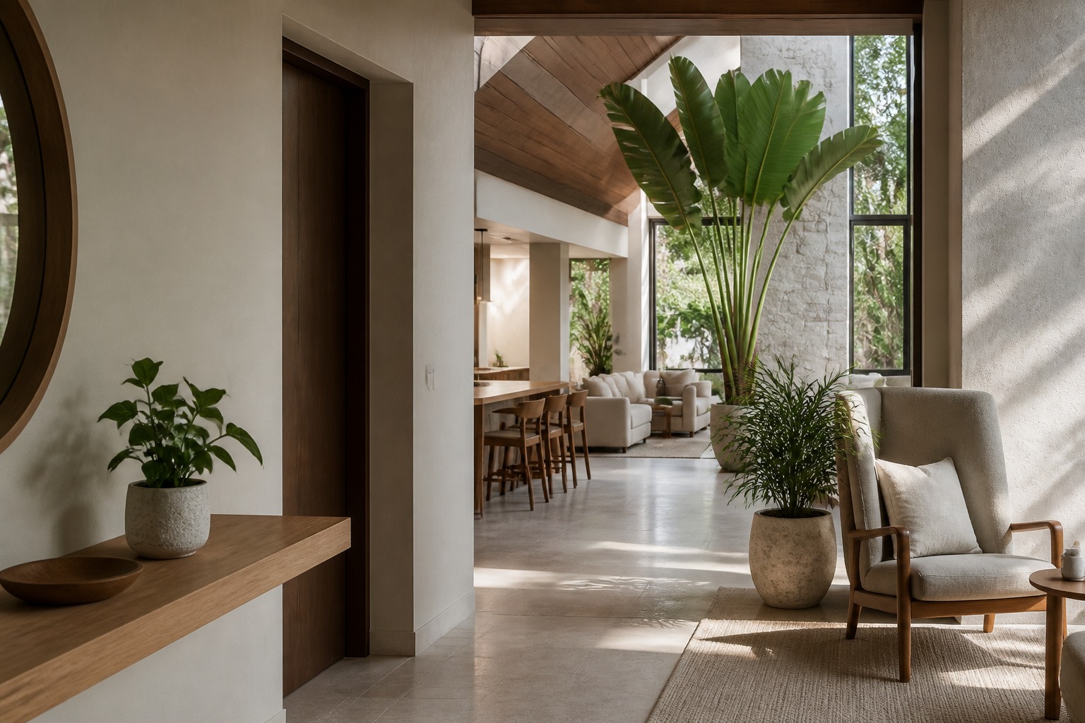 Intérieur ouvert présentant trois tailles de plantes artificielles adaptées à des usages différents