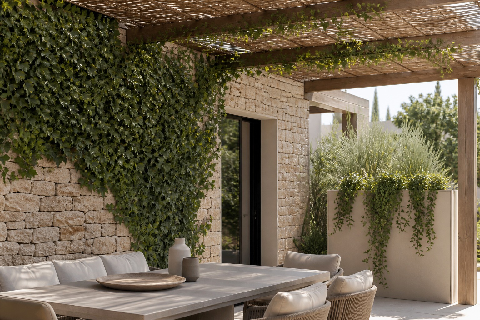 Terrasse extérieure décorée de lierre, d’une guirlande végétale et d’une chute artificielle