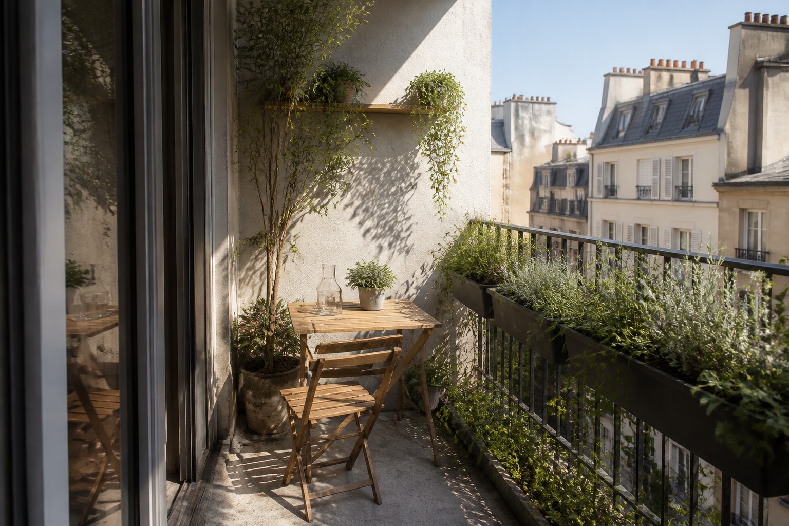 Petit balcon urbain aménagé avec des plantes artificielles adaptées à son espace et à son exposition