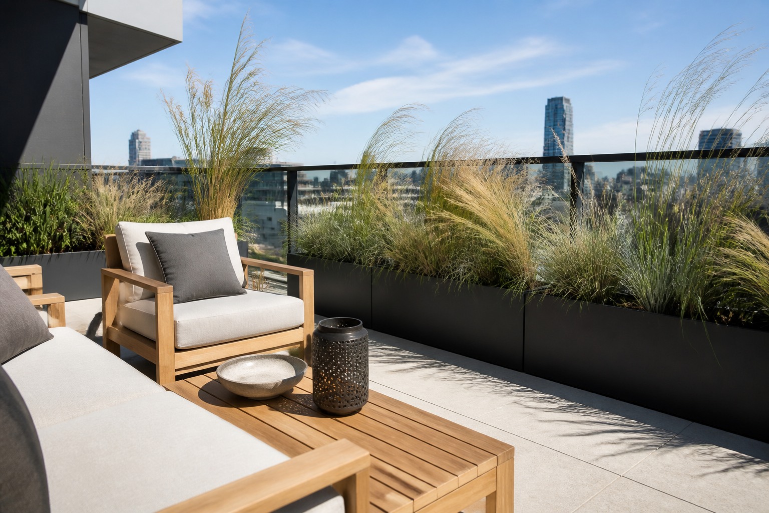 Graminées artificielles en jardinières sur une terrasse extérieure contemporaine