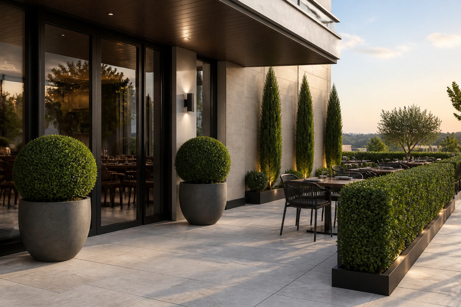 Terrasse contemporaine aménagée avec un buis en boule, des cyprès élancés et une haie artificielle