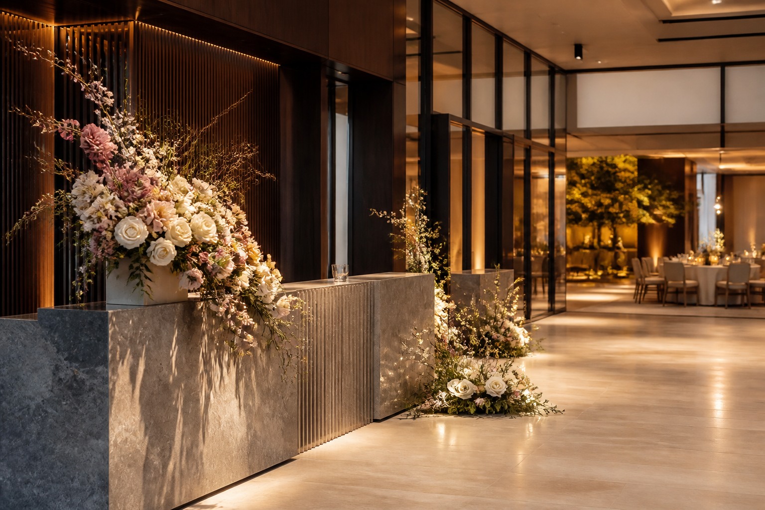 Décor floral artificiel élégant dans le foyer d’un événement professionnel