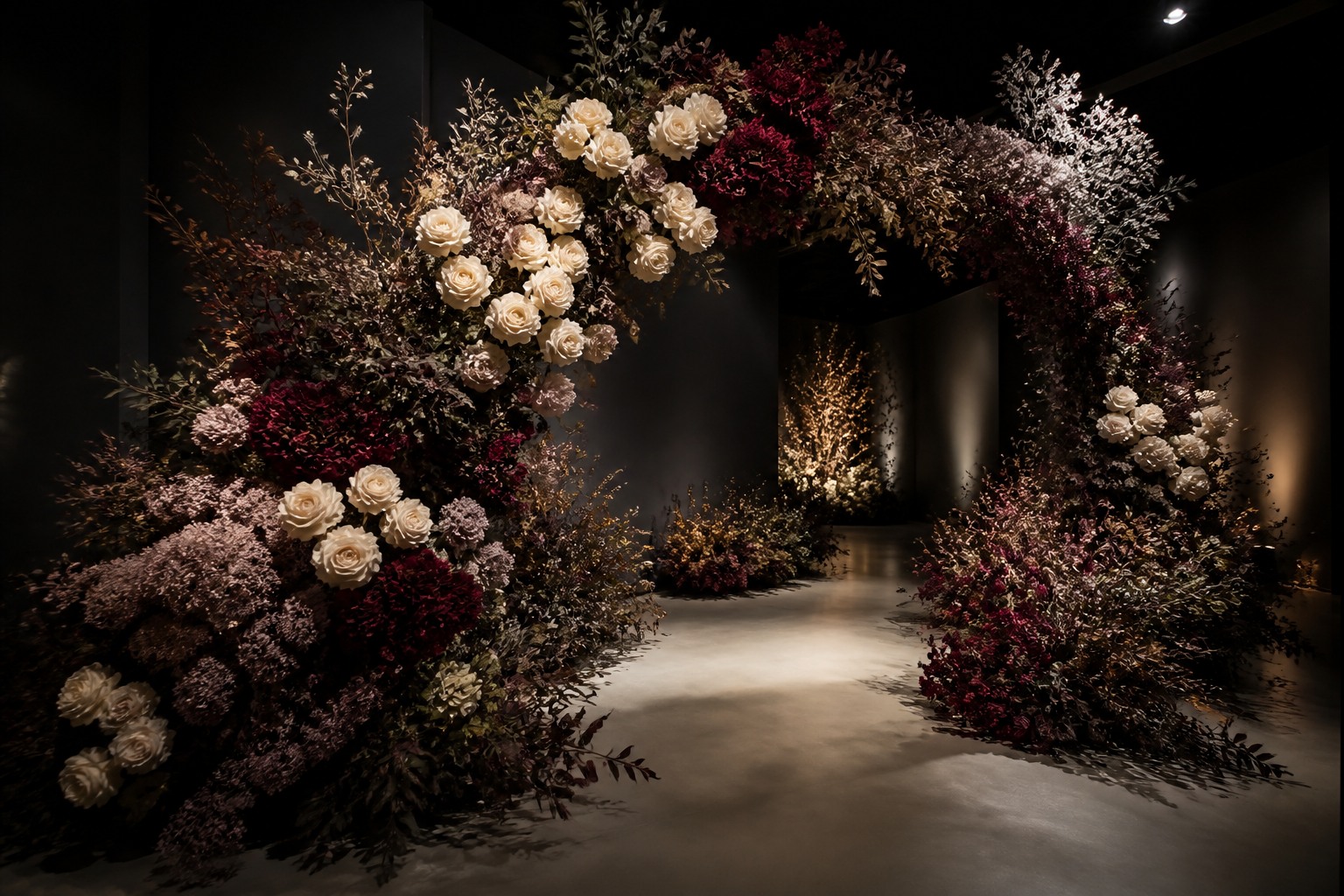 Scénographie événementielle immersive composée de fleurs artificielles réalistes et de feuillages