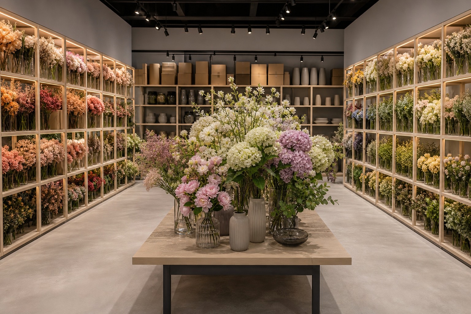 Showroom professionnel présentant une sélection organisée de fleurs artificielles haut de gamme