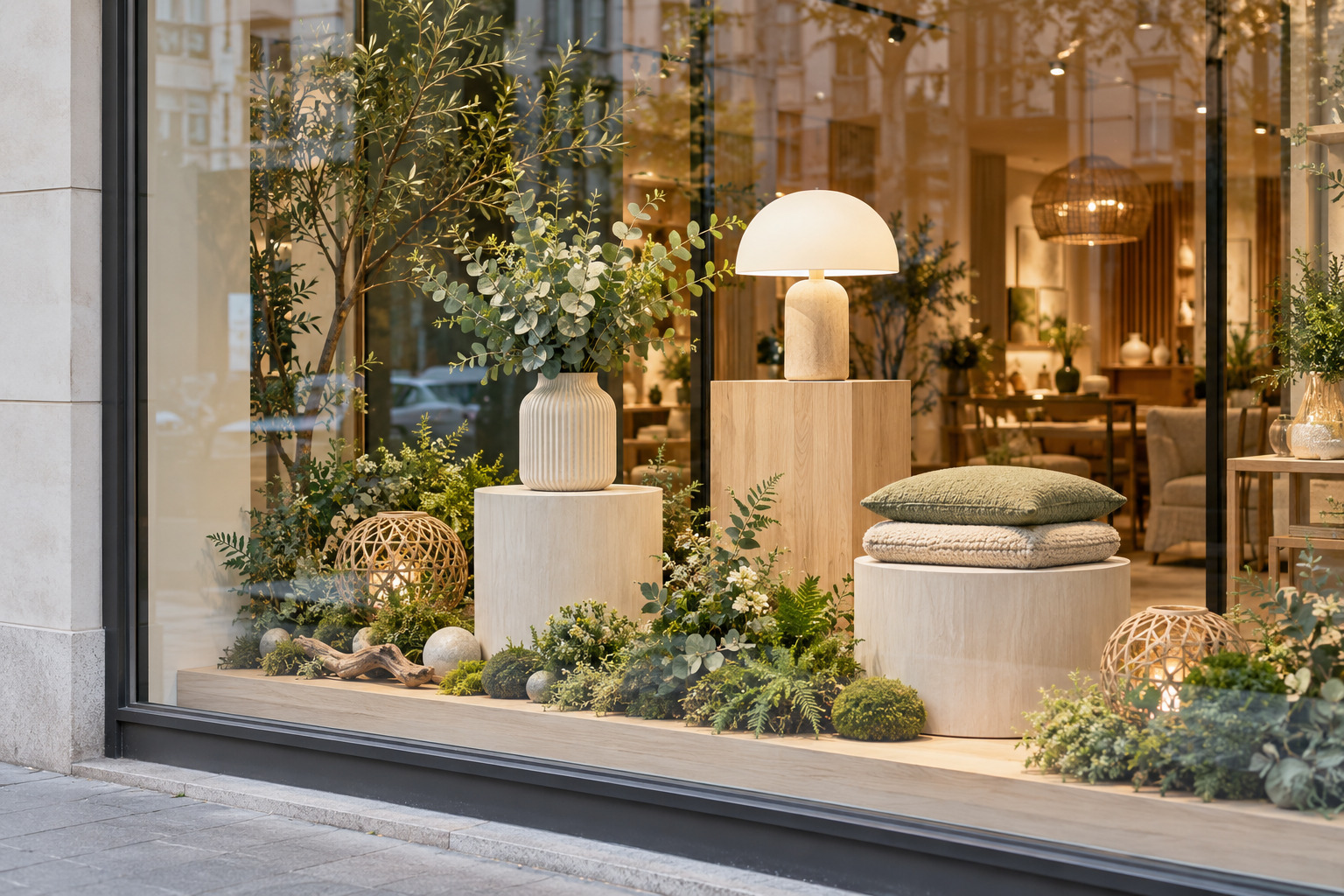 Vitrine de magasin avec produits visibles et décor modulable de plantes artificielles.