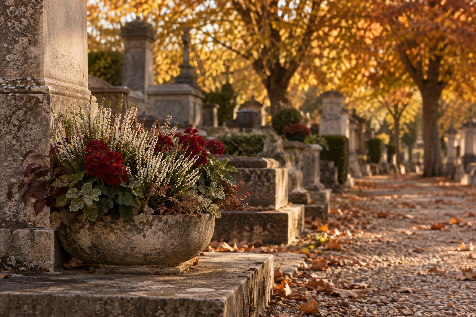 Coupe de bruyère blanche et de géraniums rouges sur une tombe dans un cimetière aux couleurs d’automne.