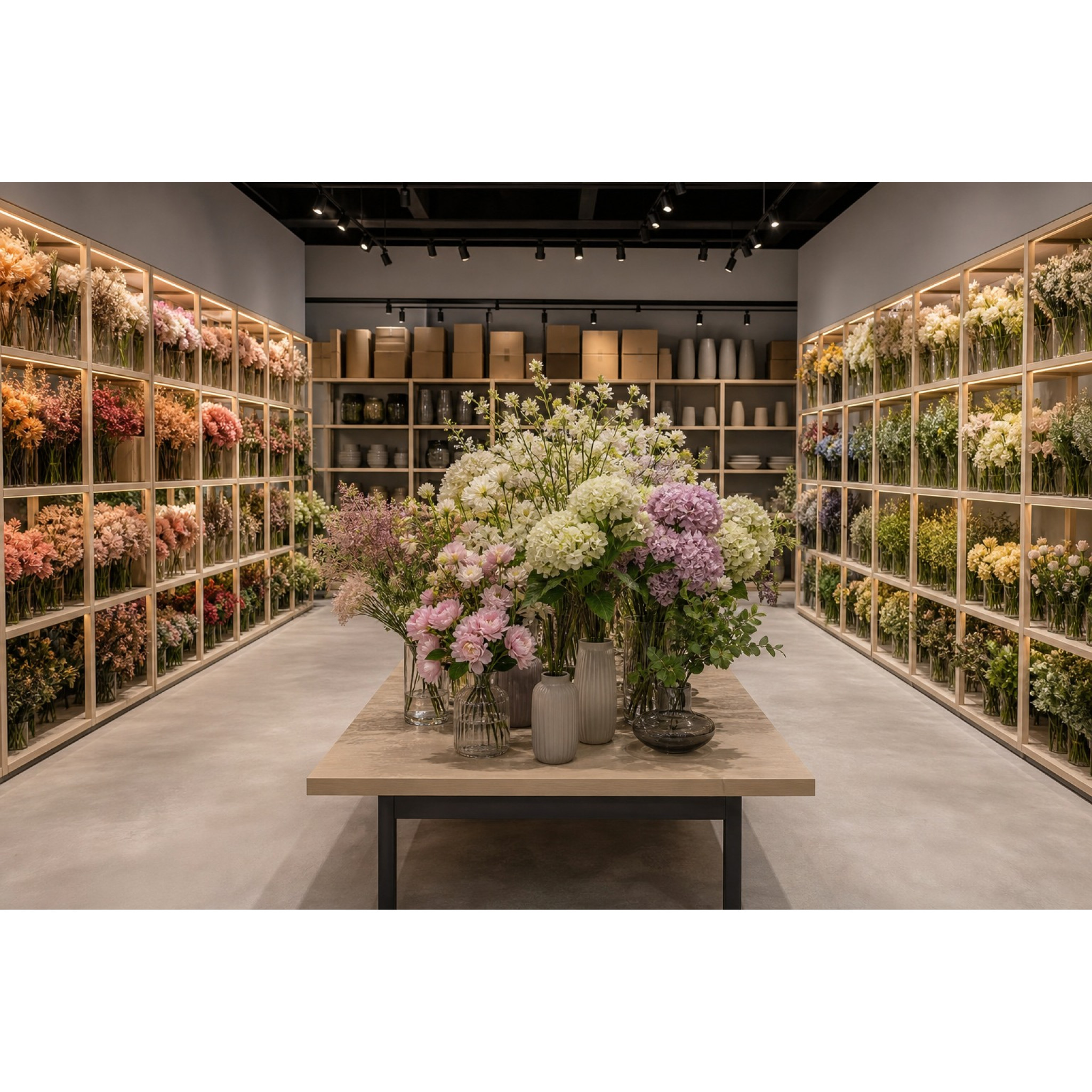 Showroom professionnel présentant une sélection organisée de fleurs artificielles haut de gamme