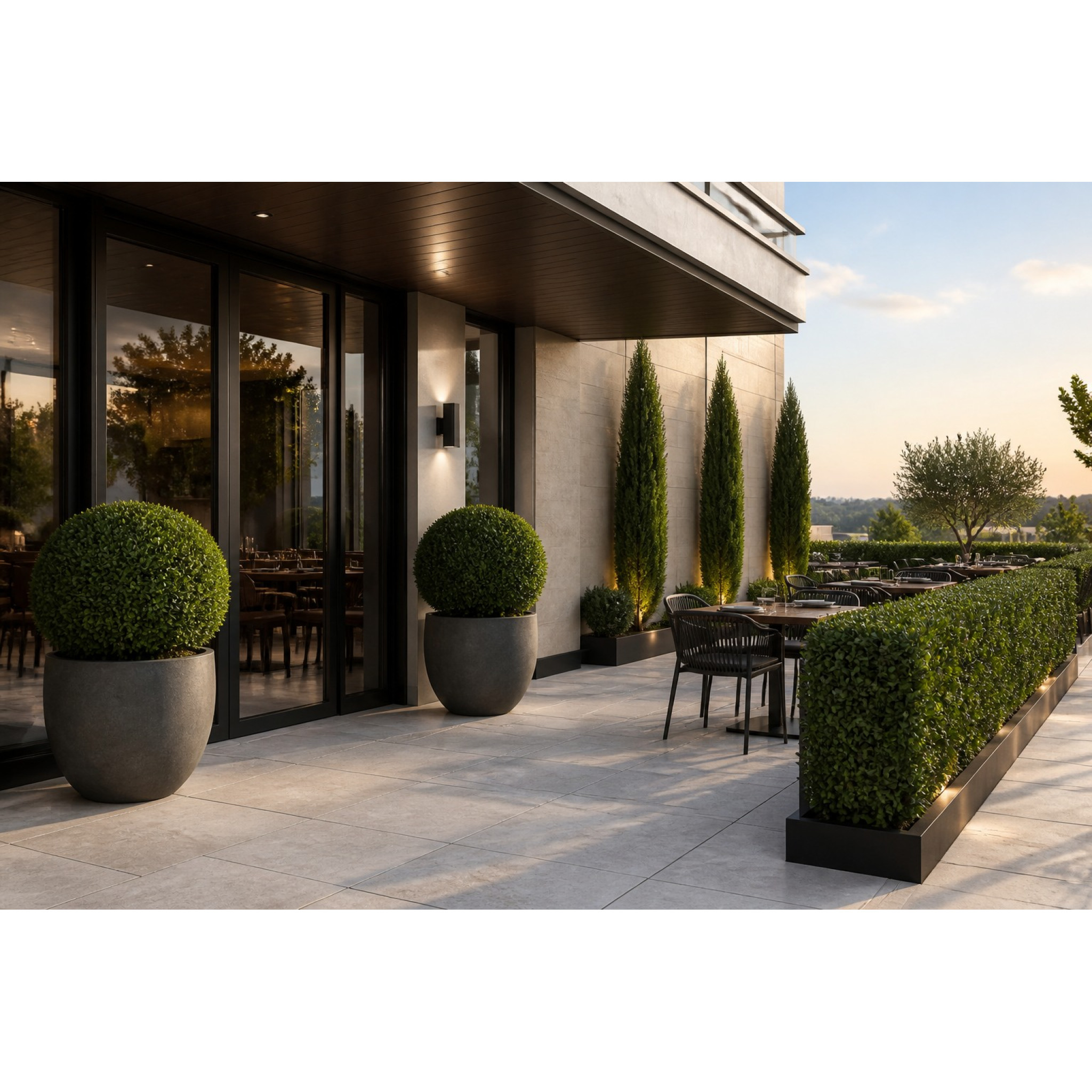 Terrasse contemporaine aménagée avec un buis en boule, des cyprès élancés et une haie artificielle