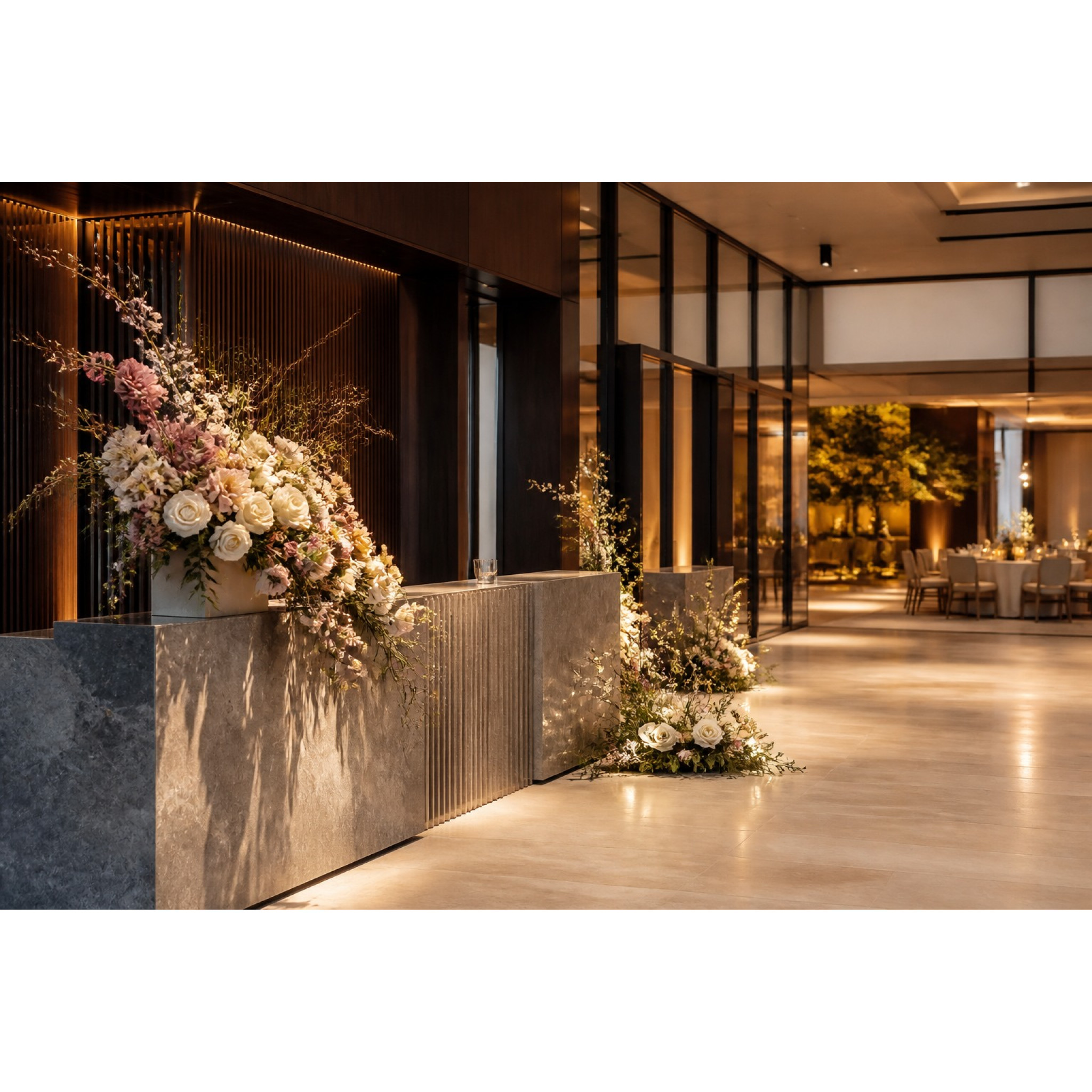 Décor floral artificiel élégant dans le foyer d’un événement professionnel