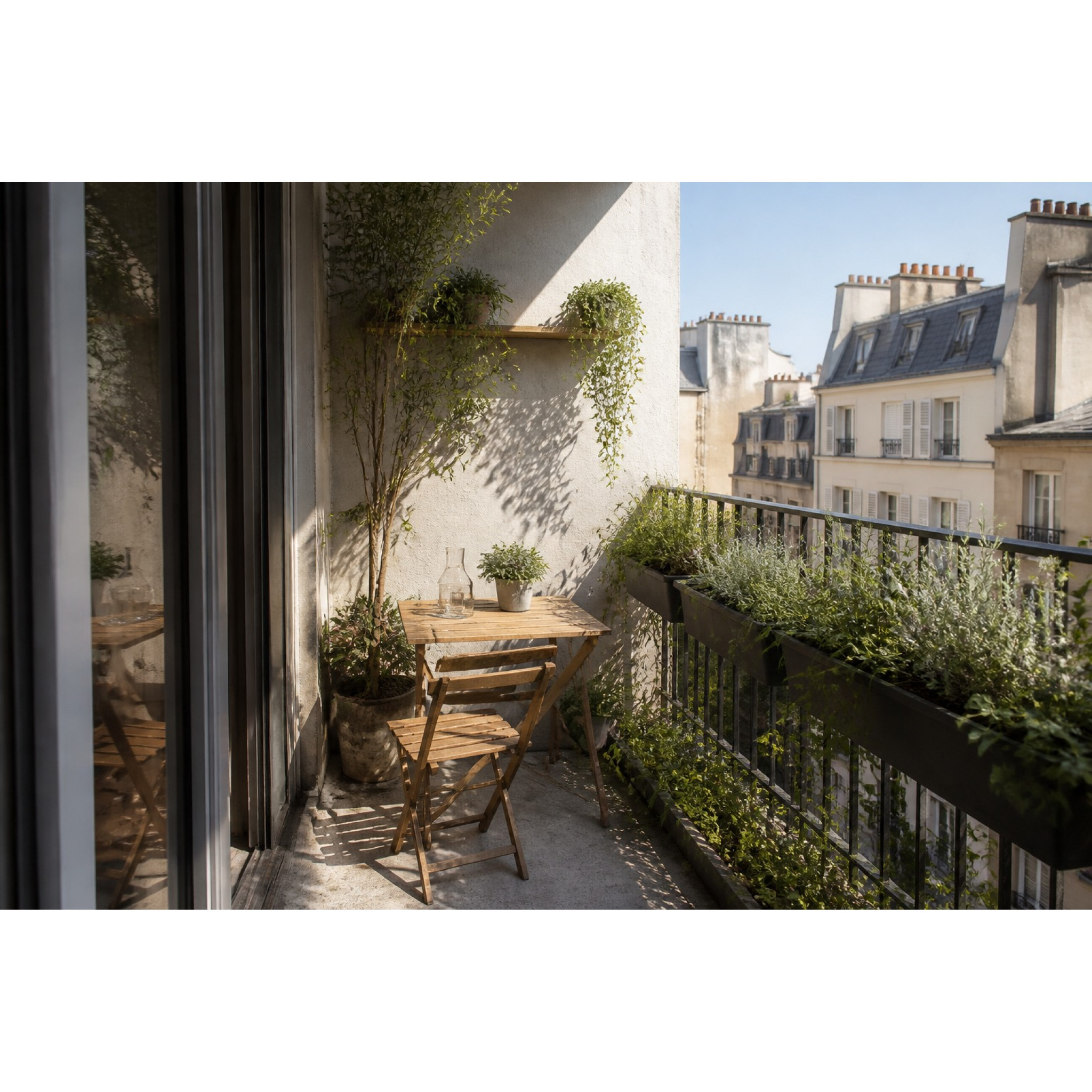 Petit balcon urbain aménagé avec des plantes artificielles adaptées à son espace et à son exposition