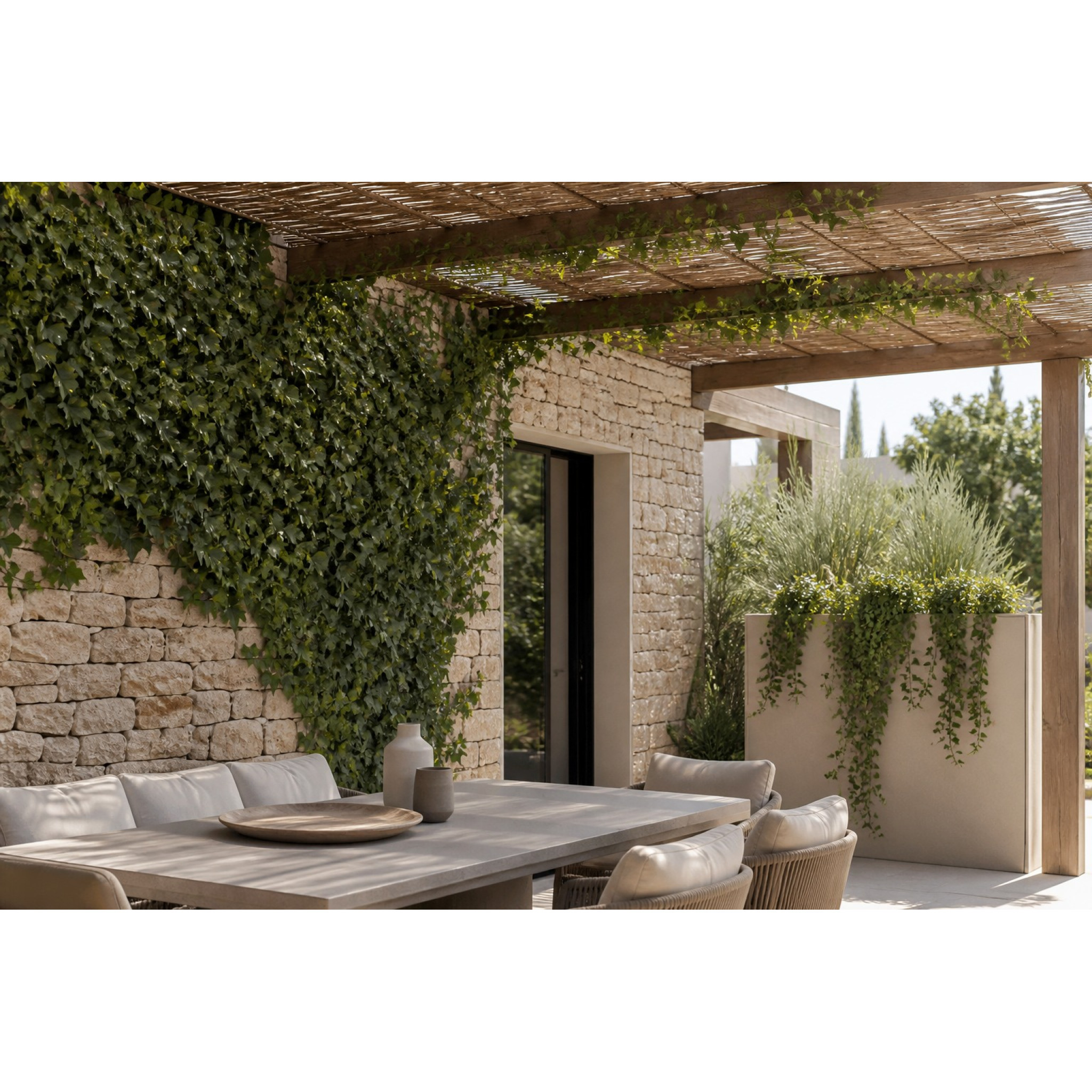 Terrasse extérieure décorée de lierre, d’une guirlande végétale et d’une chute artificielle
