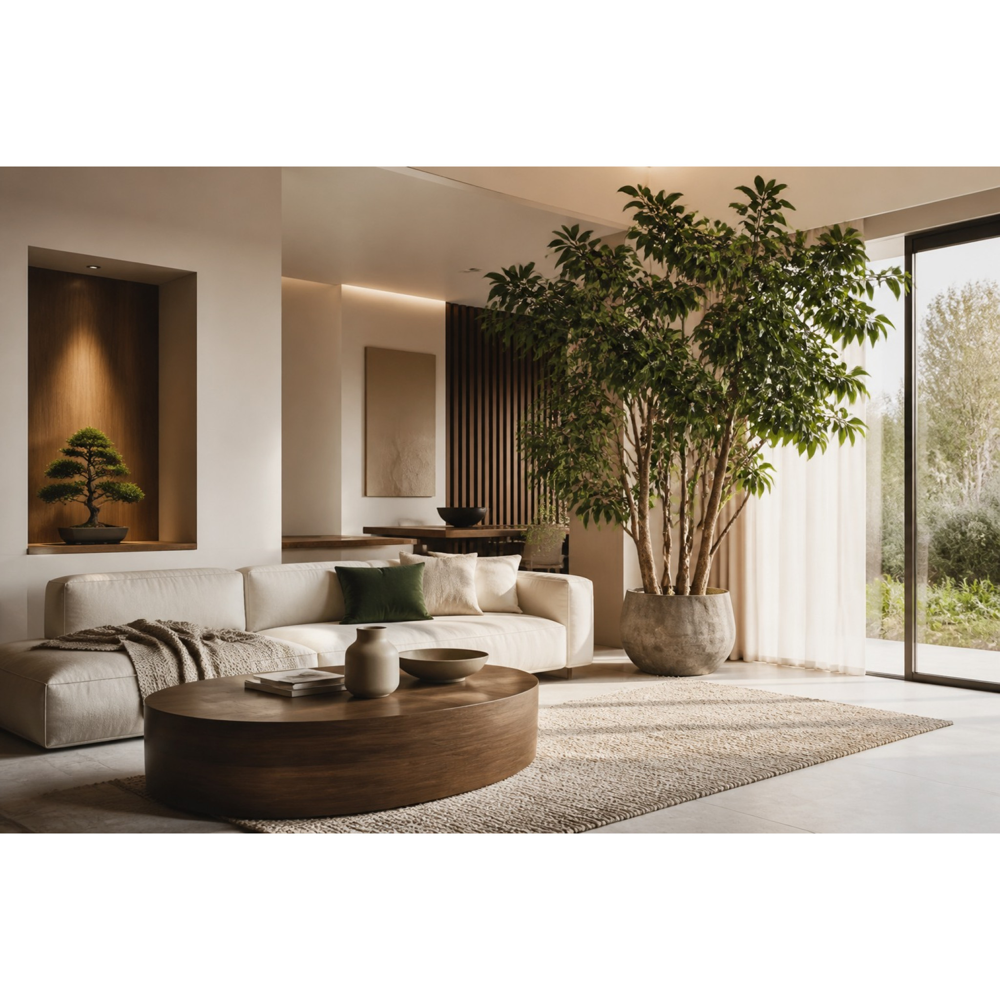 Grand ficus artificiel haut de gamme aux feuillages réalistes dans un salon contemporain