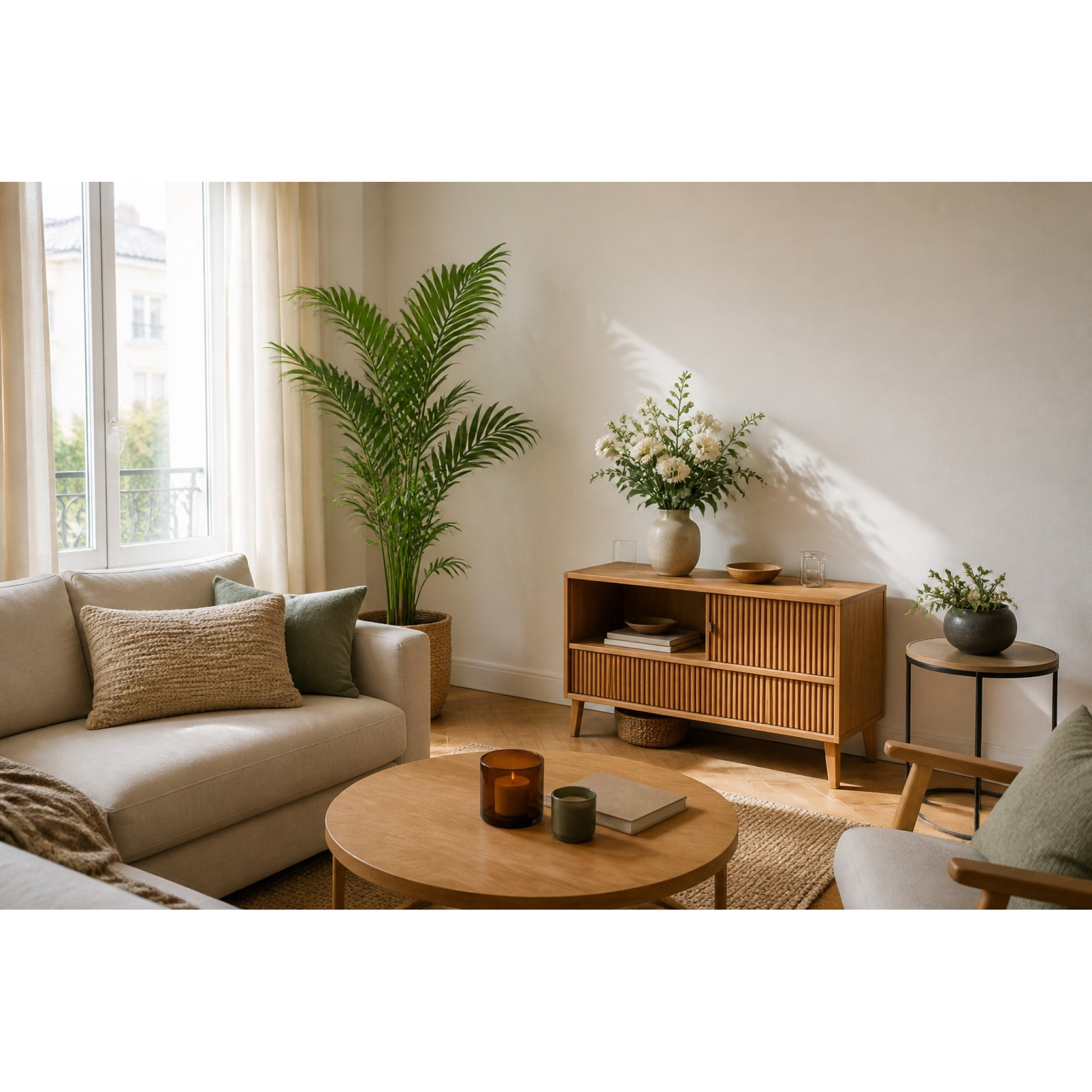 Salon lumineux décoré avec des plantes artificielles de formats adaptés à chaque emplacement