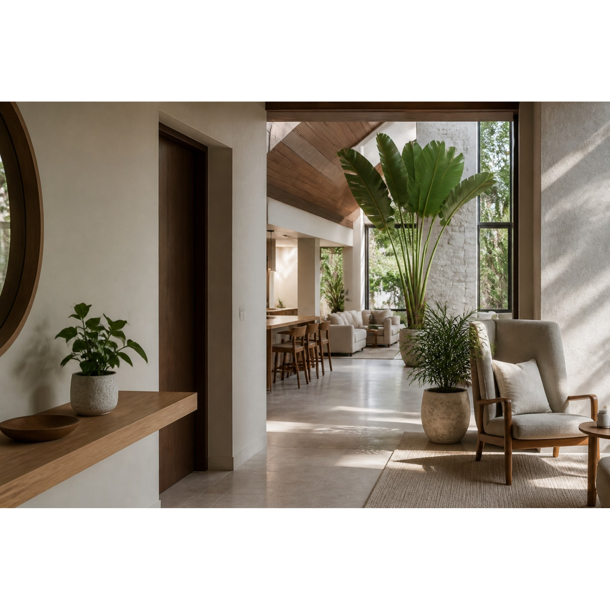Intérieur ouvert présentant trois tailles de plantes artificielles adaptées à des usages différents