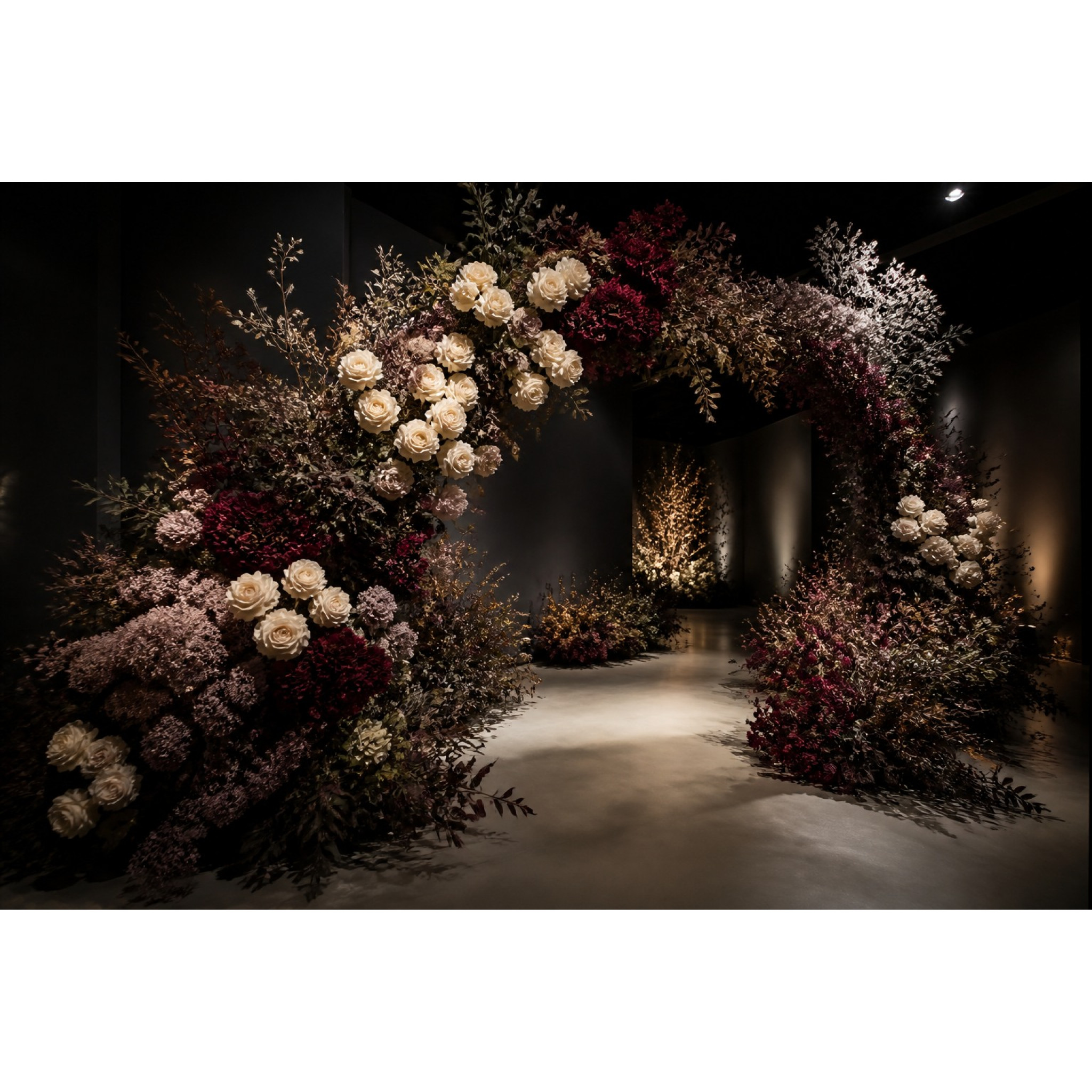 Scénographie événementielle immersive composée de fleurs artificielles réalistes et de feuillages