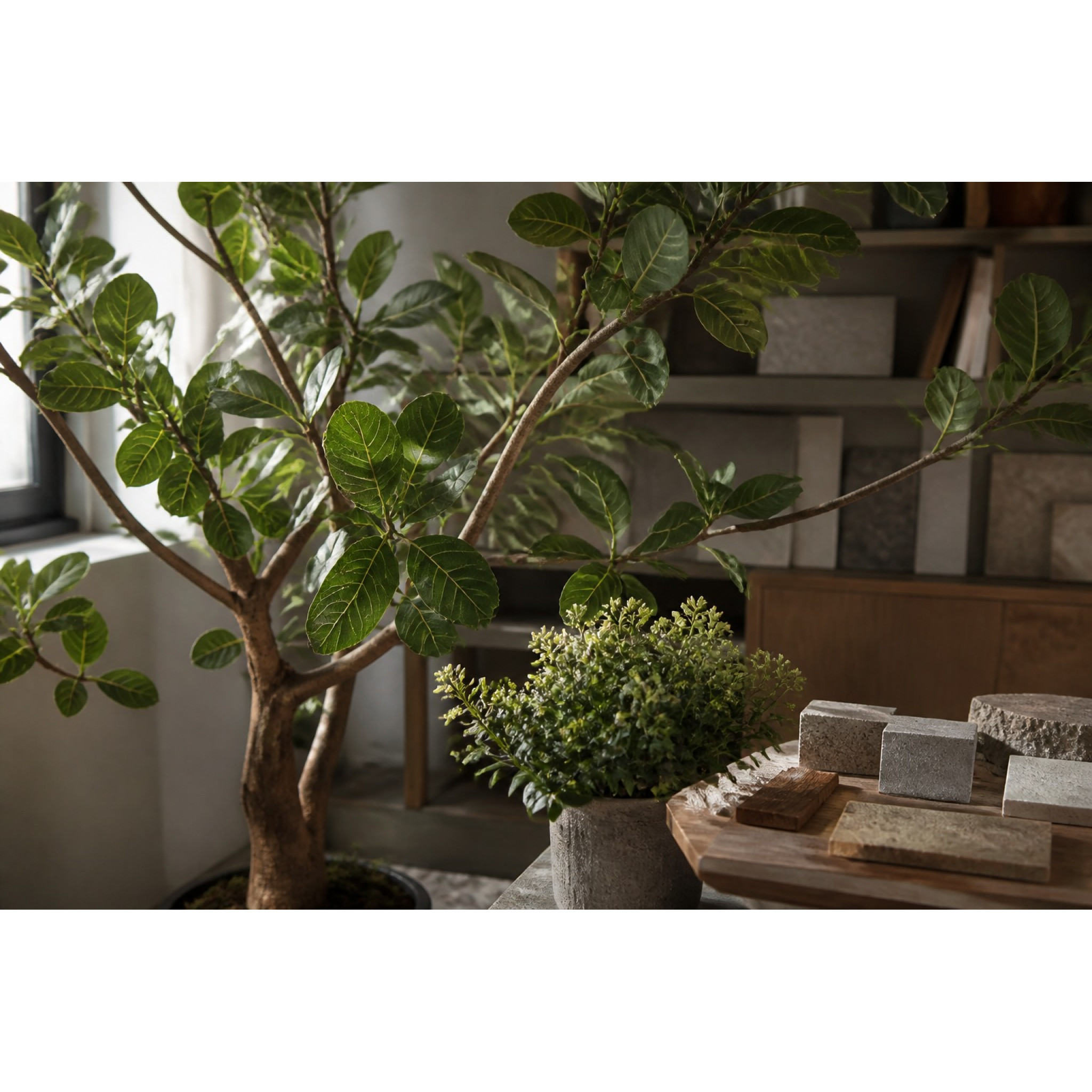 Sélection de plantes artificielles réalistes observées dans un atelier de décoration intérieure